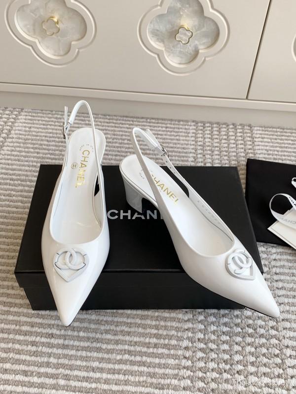 2025 Women Chanel White Patent Leather Slingback Heart CC KFY00300