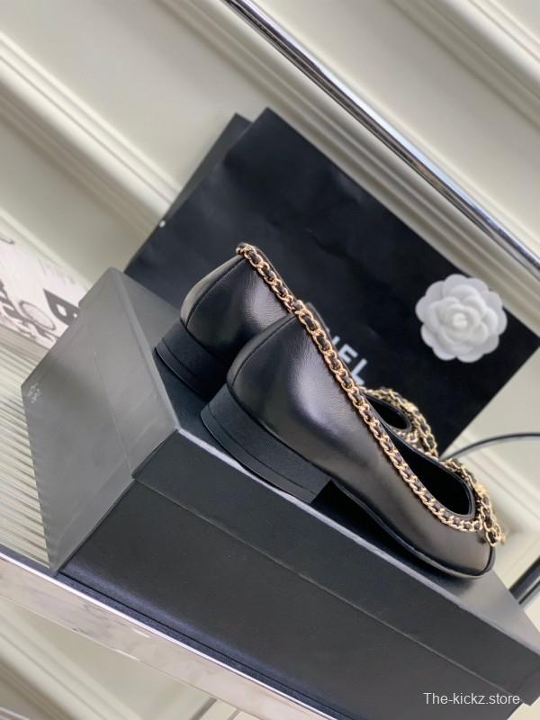 2025 Women Chanel Black Gold Leather Ballet Flats