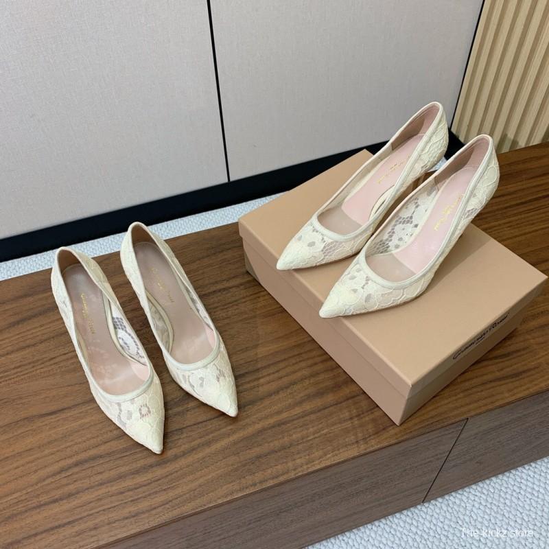 2025 Women Gianvito Rossi White Lace Leather Pumps KFY00280