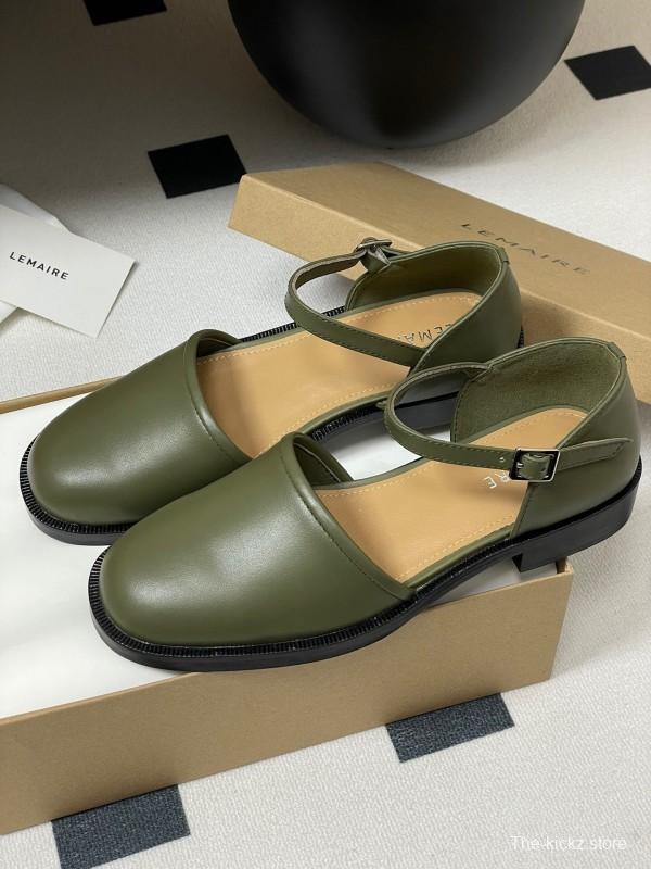 2025 Women Lemaire Green Leather Mary Jane Shoes