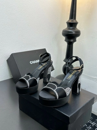 2025 Women Chanel Black Fabric Leather Rhinestone Platform Sandals KFY00320