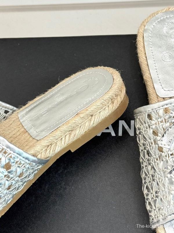 2025 Women Chanel Silver Leather Woven Fisherman Slippers KFY00240