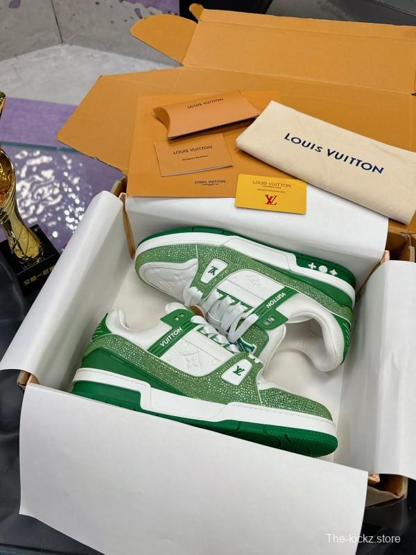2025 Unisex Louis Vuitton Green White Leather Canvas Plimsolls Handcrafted Diamonds AS00400