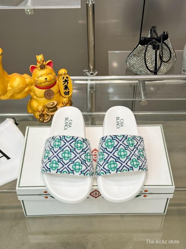 2025 Men CASA BLANCA White Green Blue Embroidered Leather Slippers KFY00160