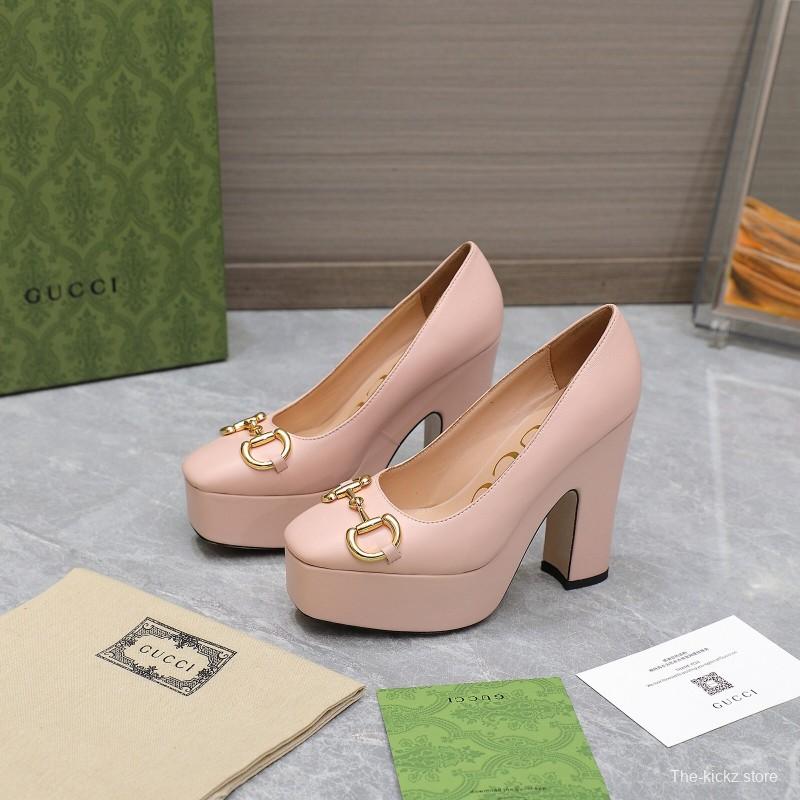 2025 Women Gucci Pink Leather Platform Pumps KFY00320