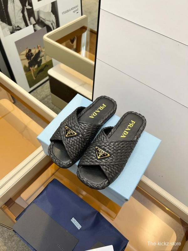 Prada 2025 SS Raffia Handwoven Cross Strap Sandals - KFY00260