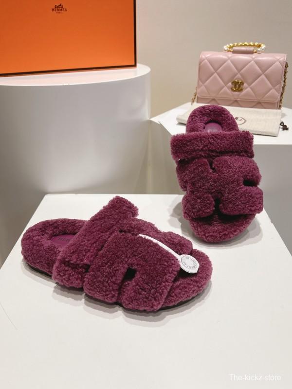 H Love Erjiu Full Wool Slippers with Wavy Fur Design - LY00270