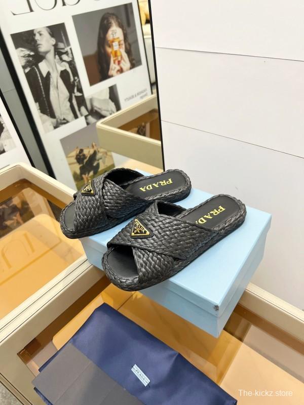 Prada 2025 SS Raffia Handwoven Cross Strap Sandals - KFY00260